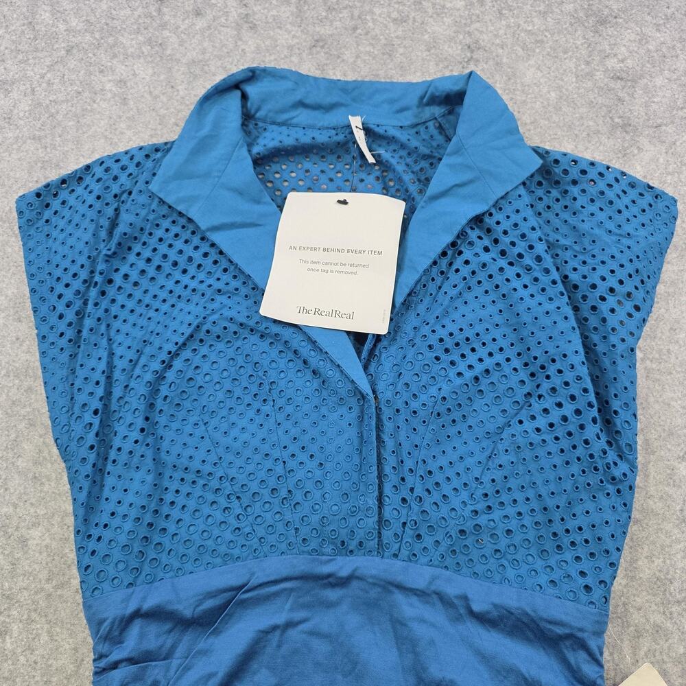 Akris Punto Blouse Womens 12 Blue Eyelet Collared Sleeveless Stretch Sheer NWT - Picture 5 of 16